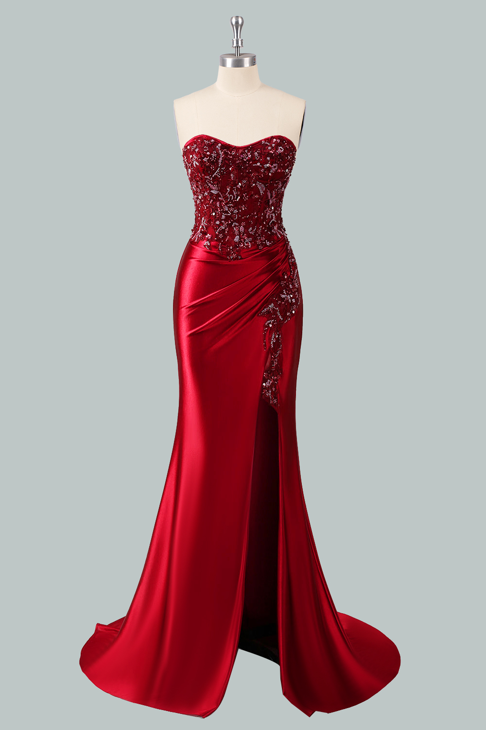 Custom sequin floral corset long prom dress, red satin slit party dress