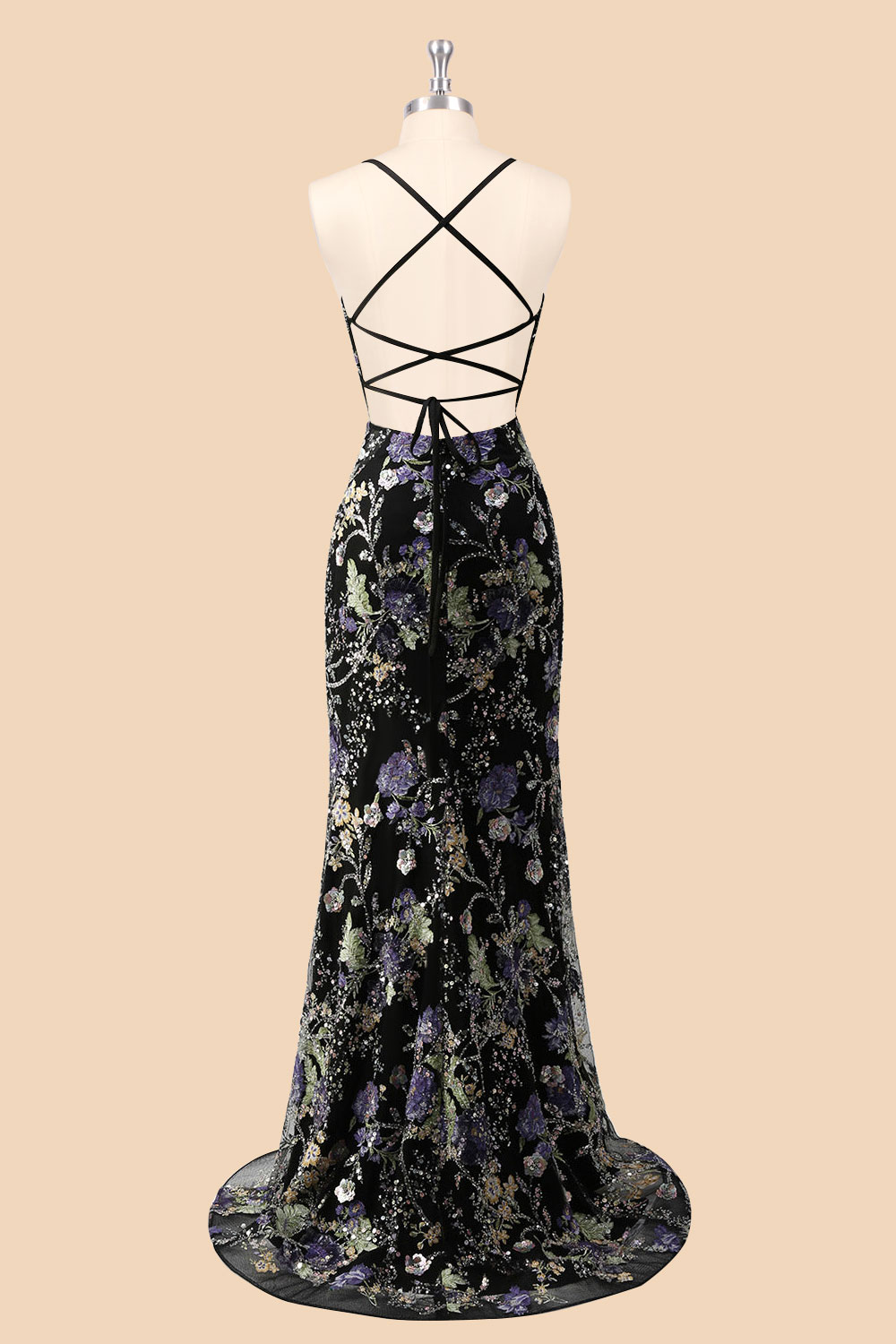Custom floral embroidery sequin long prom dress, black sparkly corset evening gown