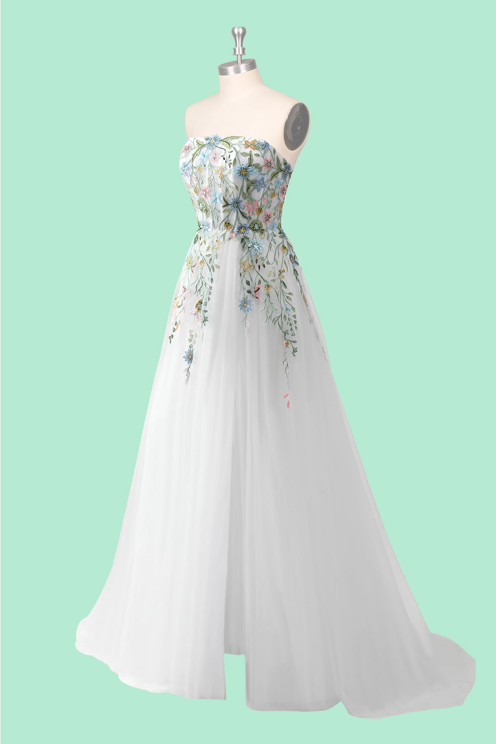 Custom White Flower Embroidery Strapless Prom Dress