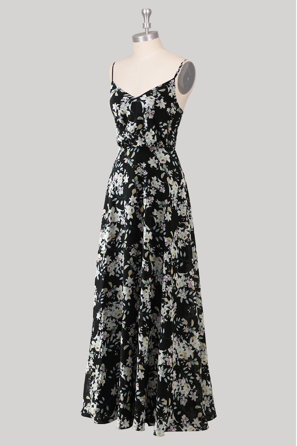 Custom printed flower long prom dress, black party dress