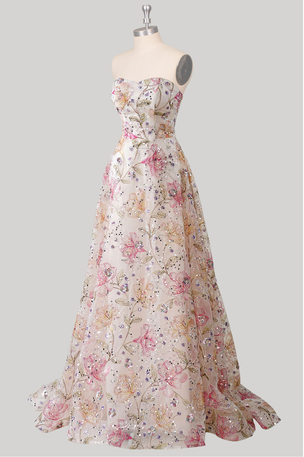 Custom sparkly light pink fairy corset long prom dress, strapless sequin embroidery party dress