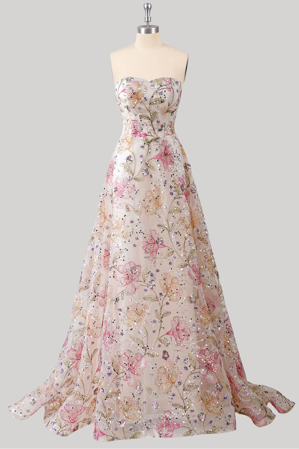 Custom sparkly light pink fairy corset long prom dress, strapless sequin embroidery party dress