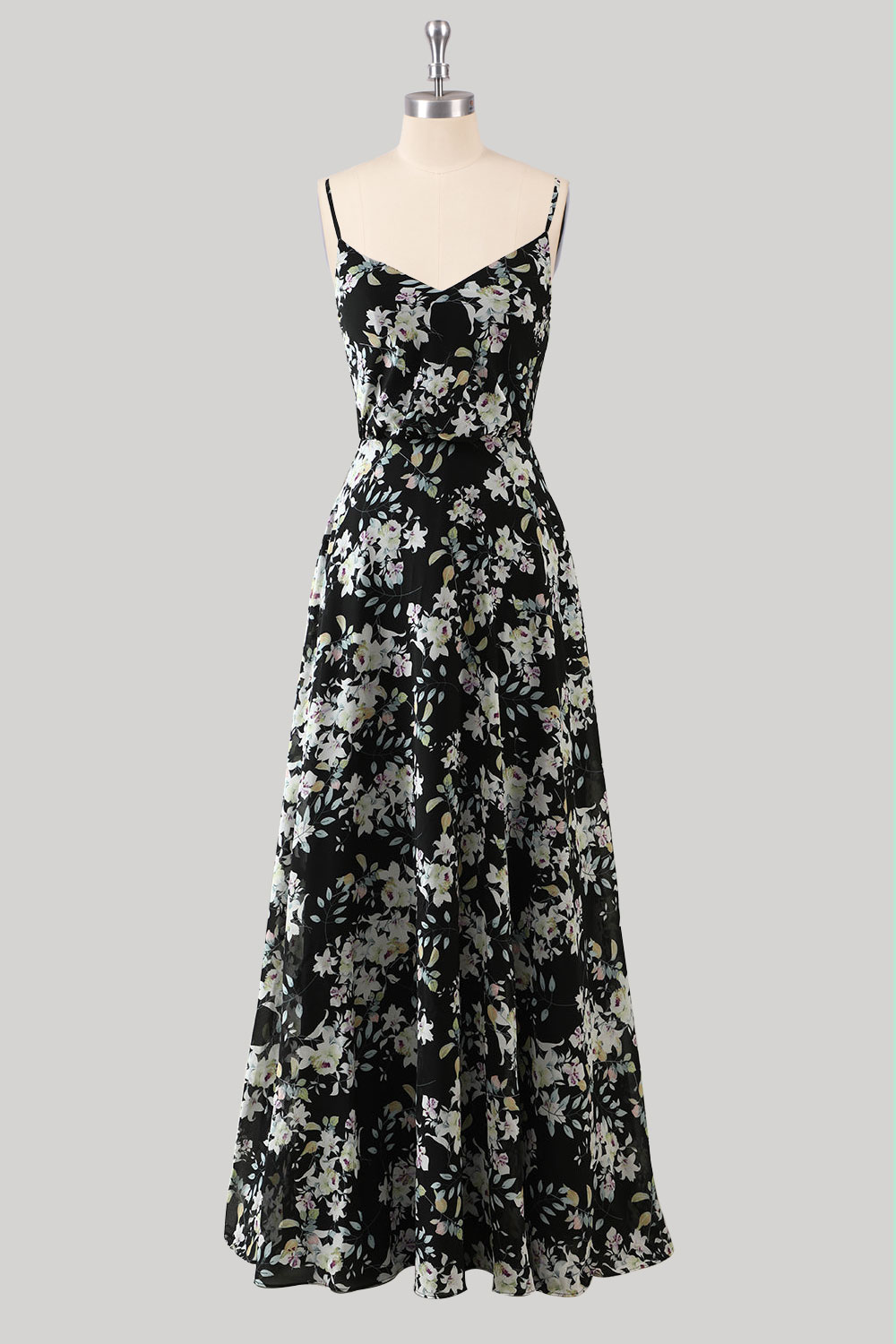 Custom printed flower long prom dress, black party dress