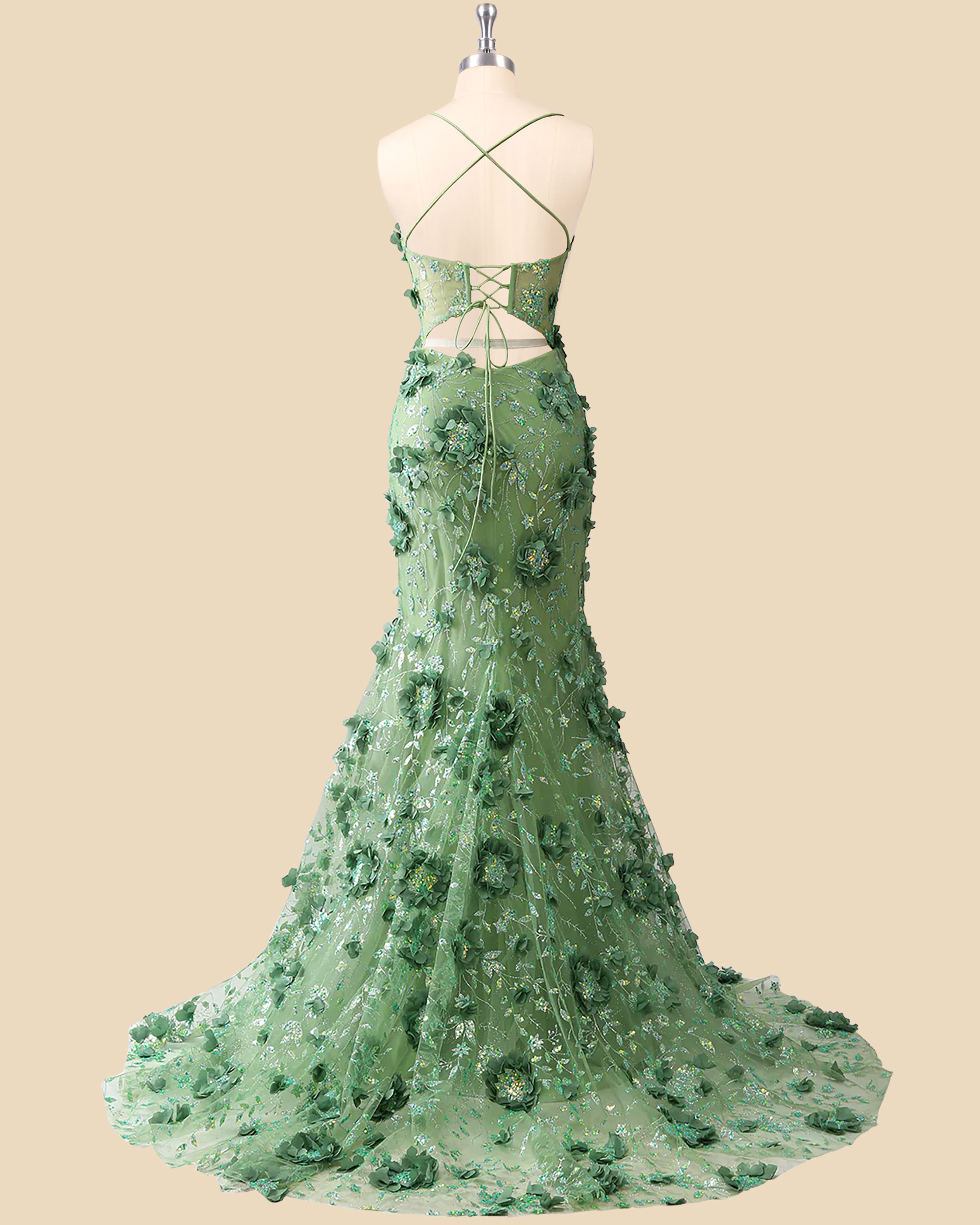 Custom sparkly 3D flower prom dress, green party dress