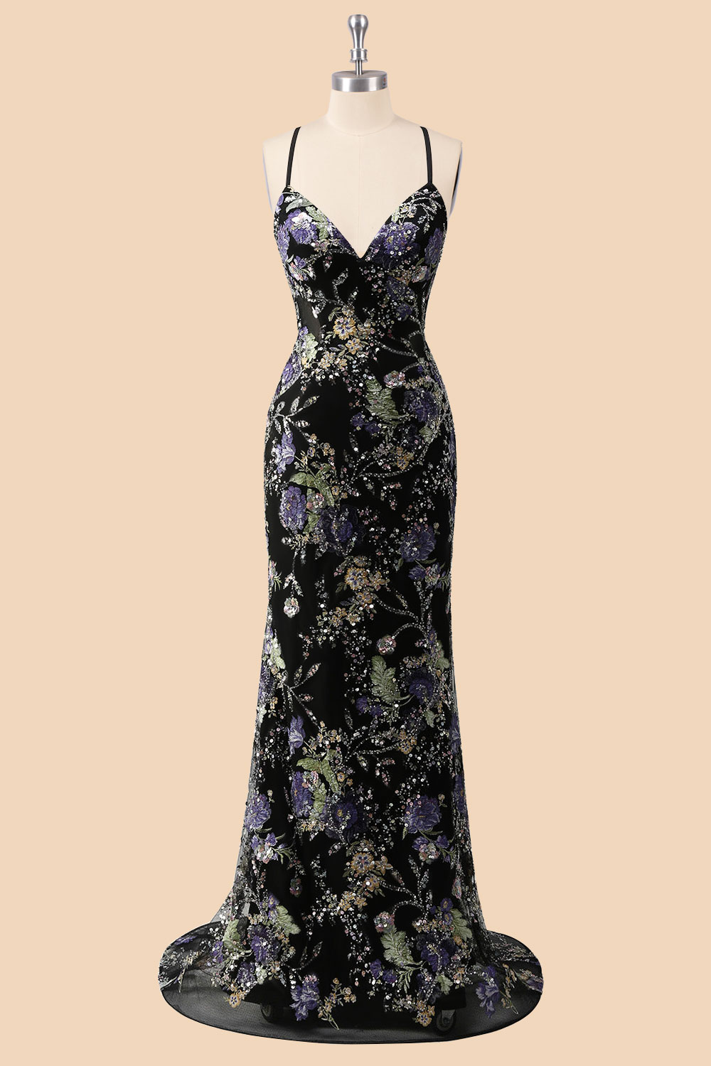 Custom floral embroidery sequin long prom dress, black sparkly corset evening gown