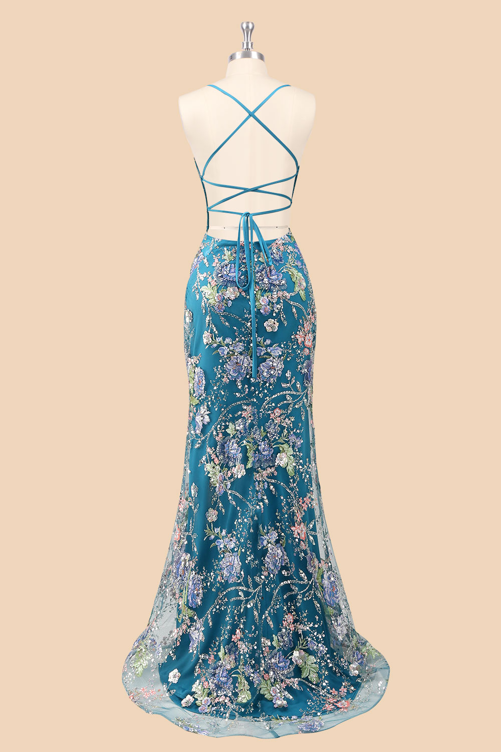 Custom floral embroidery sequin long prom dress, peacock blue sparkly corset evening gown